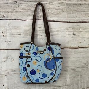 Longaberger blue dot fabric & leather shoulder bag/satchel 2 handles, 11” x 10”￼